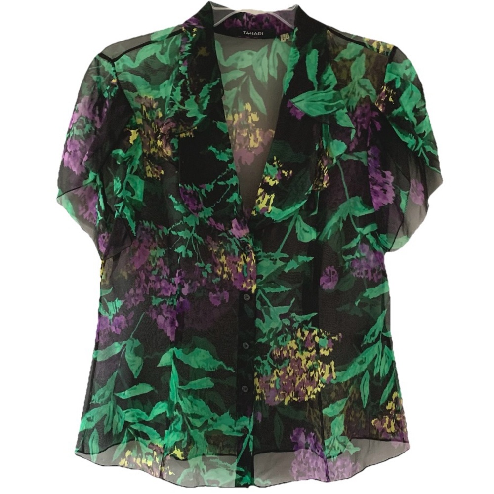 Tahari Short Sleeve Button Down Sheer Silk Blouse Sz L